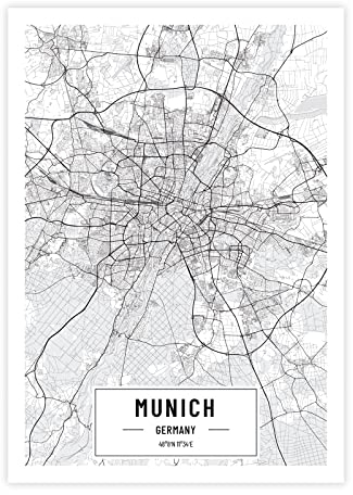Petra Pan Städteposter München in schwarz-weiß · Wandbild mit Stadtplan · DIN A3 (29,7x42cm) · als Deko oder Geschenkidee · Var. E