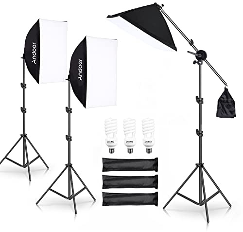 Andoer Softbox - Set di luci da studio fotografico, 50 x 70 cm, 3 lampadine a LED da 135 W, 3 treppiedi da 2 m, braccio per ritratti da studio, fotografia del prodotto, foto alla moda