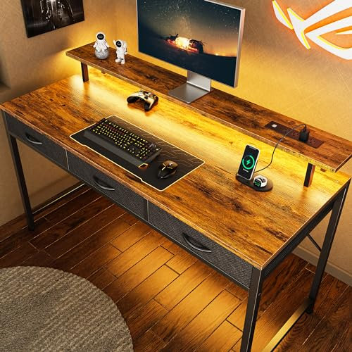 Huuger 55 inch Computer Desk with 3 Drawers, Office Desk Gaming Desk with LED Lights & Power Outlets, Home Office Desks with Storage Space for Bedroom, Work from Home, Rustic Brown