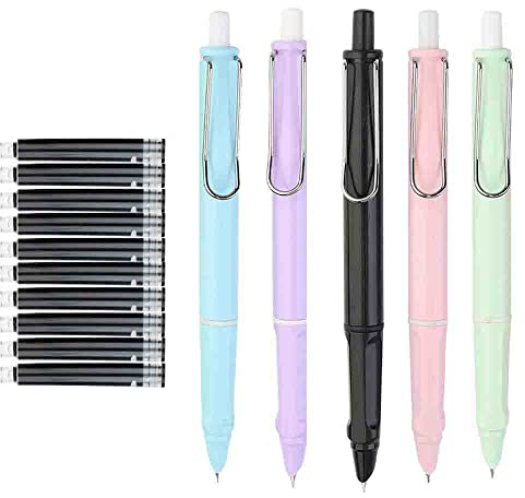 5 Stück Einziehbarer Füllfederhalter mit 10 Tintenkapseln, Nachfüllbare Einziehbarer Füllfederhalter, Schwarz Tinte, Füllfederhalter, nachfüllbar,0,38mm extra feine Spitze,Füller Schreibanfänger