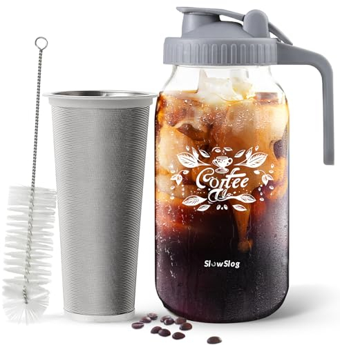 Slow Slog Cold Brew Coffee Maker, Cold Brew Mason Jar Pitcher with Lid, Iced Coffee Maker with Stainless Steel Filter for Iced Tea, Sun Tea, Limonade, Leak Proof