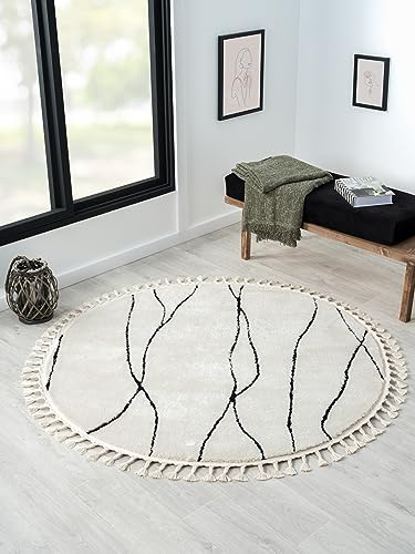 MY-RUG Teppich Linnea rund weiß schwarz mit Muster und Linien, Wohnzimmerteppich kurzflor Shaggy, Boho & geometrisch, Schlafzimmer Teppich im Landhaus Stil