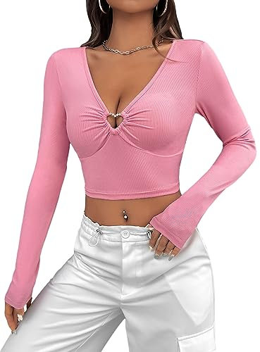 GORGLITTER Women's Cut Out Long Sleeve Crop Top Ruched Heart Ring Linked Skinny T Shirt Going Out Top Pink 12/14
