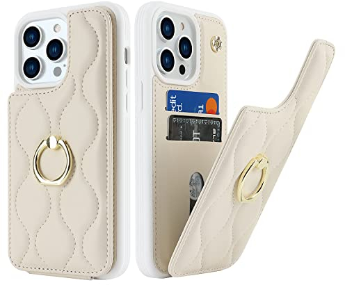 SailorTech iPhone 14 Pro Hülle Mit Kartenhalter, Ring-Ständer, Kartenfach Und Standfunktion Für Frauen, Niedliche Und Modische Handytasche - Beige