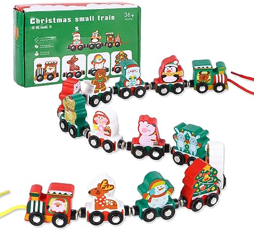 Weihnachten Holzzug Set 14 Stück Holzeisenbahn Spielzeug Magnetische Züge Lernendes pädagogisches Spielzeug Magnetische Weihnachtszug für unter 6 Jahre alt Jungen Mädchen Kleinkind Xmas Geschenke
