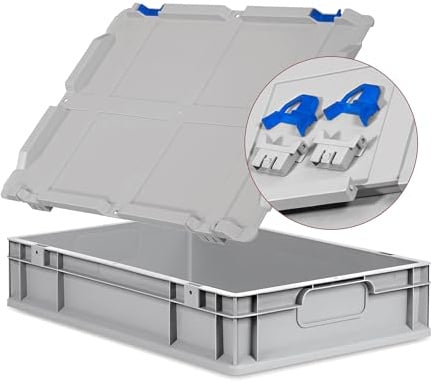 goodsforbusiness Eurobox NextGen Economy 60x40x12cm, Verschlüsse Blau | Logistikbox Campingbox Lagerbox Kunststoffbox grau Griffe geschlossen mit Scharnierdeckel, 23 Liter, stapelbar