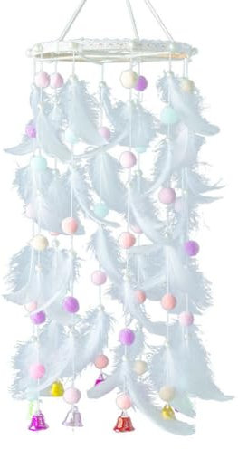Yurosiay Weiße Windspiel mit Federn Niedlich Traumfänger Windspiel Mit Bunt Pompons Glocken Handgefertigt Federn Traumfänger Windspiel Hängend Deko Gross Traumfänger Makramee Wandbehang 20x75cm
