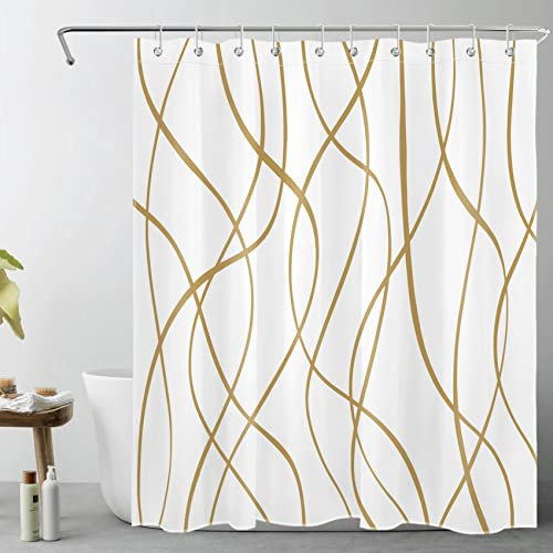LB Abstrait Rideaux de Douche 120x175cm(LxH) Rayures d’Or foncé Rideaux de Bain avec Crochets, Blanc géométrique Moderne Extra Court Imperméable Polyester Anti Moule Salle de Bain Décor