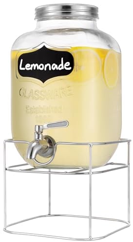 Navaris Dispenser Acqua con Rubinetto - Contenitore Bevande 5 Litri - Distributore Bibite Fredde in Vetro - con Rubinetto e Supporto in Ferro Argentato - per Cocktail Vino Spritz