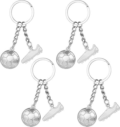 Thapncow 4 Pièces Argenté Porte Clé Ballon de Foot Mini Porte Clef Football Métal Porte-Clés de Football Personnalisé pour Supporters, Sportifs, Joueurs, Les Amateurs de Football