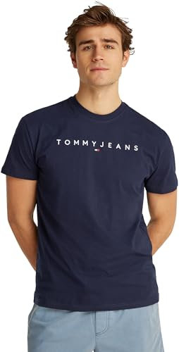 Tommy Jeans Camiseta de Manga Corta Hombre Linear Logo de algodón, Azul (Dark Night Navy), XL