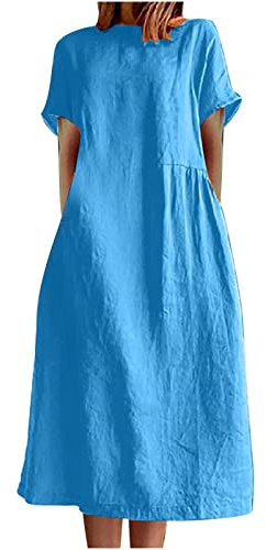 Linen Women's UK Boho Casual fabrics Elastic Baggy Beach Dresses Quick Unsleeved Short Midi Dresses with Pockets in Solid Colors Elegant, Ladies' Size S-3XL