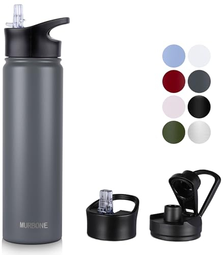 MURBONE Insulated Water Bottle, 750ml Stainless Steel Drink Flask with Straw, BPA Free, 2 Lids (Straw Lid and Spout Lid), Leakproof Double Walled Vacuum Water Bottle, Grey