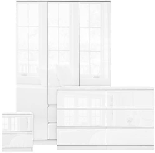 Blisswood High Gloss Bedroom Furniture Set 3 Piece Bedroom Set With High Gloss 3 Door Wardrobe & 6 Drawer Chest of Drawer + 2 Drawer Bedside Table Cabinet for Bedroom Storage Furniture Set (White)