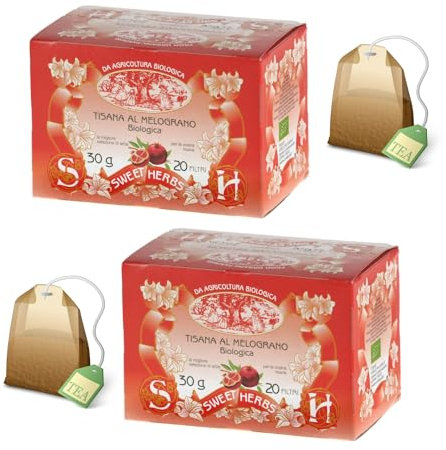 Sweet Herbs® | Tisana al Melograno | Infuso Biologico Antiossidante Melograno e Rosa Canina - 2 x 20 Filtri in Singole Bustine (60 Gr)