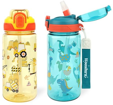 wooshwa Gourde Enfant avec Paille, Garçons, Anti-Fuite, Étanche, 600 ml Bouteille Enfant sans BPA, Verrouillage Sécurisé, Bouteilles pour Maternelle l'école Sport, Lot de 2, Dinosaure & Excavatrice