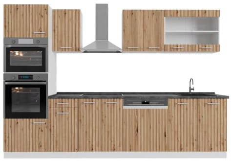 Vicco Küchenzeile R-Line, Artisan-Eiche, 300 cm | 8 Module · Höhenverstellbare Füße · Arbeitsplatte Anthrazit · Robuste Fronten · Mit Backofen-/Mikrowellenschrank