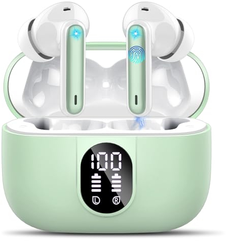 Csasan Auriculares Inalámbricos Bluetooth, Auriculares Bluetooth 5.3 Estéreo con 4 ENC Cancelacion Ruido Micró, 40H Control Táctil Cascos Inalambricos, IP7 Impermeable Auriculares in Ear, Verde