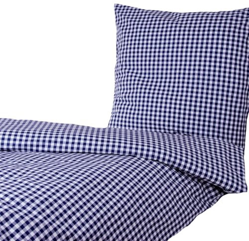 Hans-Textil-Shop Bettwäsche Kariert Blau Weiß 135x200 cm + 80x80 cm – Karierte Bettwäsche Landhausstil mit Reißverschluss aus Baumwolle