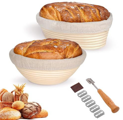 2er-Set Gärkorb zum Brotbacken, Runde und Ovale, inklusive Brotmesser mit fünf Klingen, geeignet zum Brotbacken