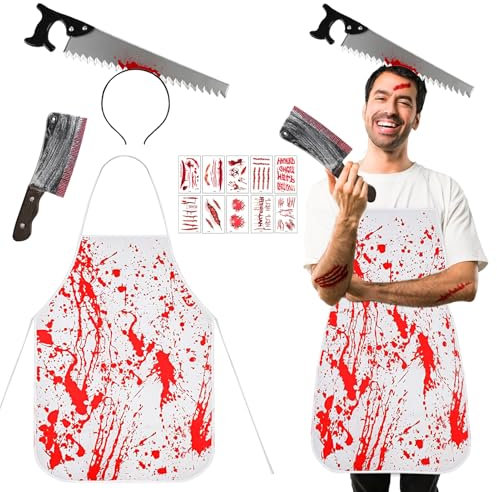 WYFDCZZP Butcher Costume Halloween, Halloween Costume, Halloween Bloody Apron Hair Accessories with Knife, Halloween Axe in the Head and 10 Halloween Scars Tattoos, for Vampire Zombie Theme Parties,