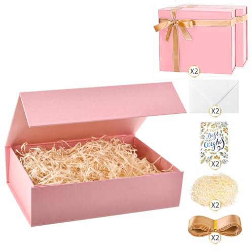 souloduce Grande scatola regalo rosa con chiusura magnetica, misura 30 x 21 x 8,6 cm, per regali di compleanno, la scatola include biglietto, busta, nastro e carta triturata (2 pezzi)