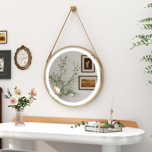 COSTWAY 60 x 60 cm Espejo Baño con Luces LED de 3 Colores, Espejo de Pared con Correa de Colgar, Interruptor Táctil, Función de Memoria y Desempañado, Espejo Decorativo Montaje en Pared y en Cinturón