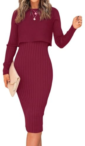 Ezbelle Damen Langarm-Pullover-Kleid, 2-teiliges Outfit-Set, geripptes Strick, bauchfreie Tops und figurbetontes Tank-Midikleid, rotlila, Mittel