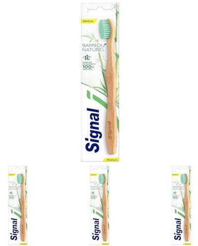 SIGNAL - Brosse à Dents Bambou Naturel - Tête ovale & cou affiné pour un brossage confortable & efficace - emballage en carton - Medium x1 (Lot de 4)