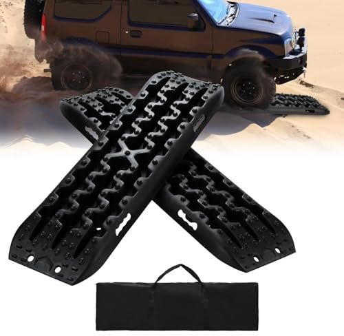Fiqops 2x Anfahrhilfe mit Aufbewahrungstasche, Traktionsmatte Kunstoff Recovery Board Tracks,Reifenleiter für Sand/Schlamm/Schnee,10T Last für Geländewagen Wohnmobil PKW,LKW