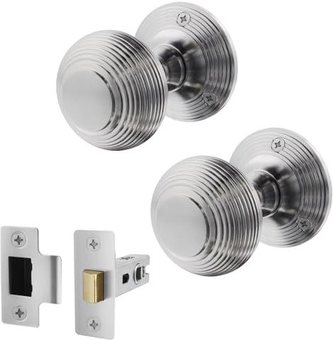 EAI Beehive Door Knob Set Satin Chrome | 1 Pair of Reeded Mortice Knobs (55mm) & Latch (76mm) for Internal Doors
