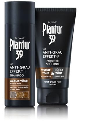 Plantur 39 Anti-Grau Effekt - Set aus Shampoo 200 ml und färbender Spülung 150 ml - Für warme Töne und braunes Haar - kaschiert schrittweise graues Haar und färbt dunkler