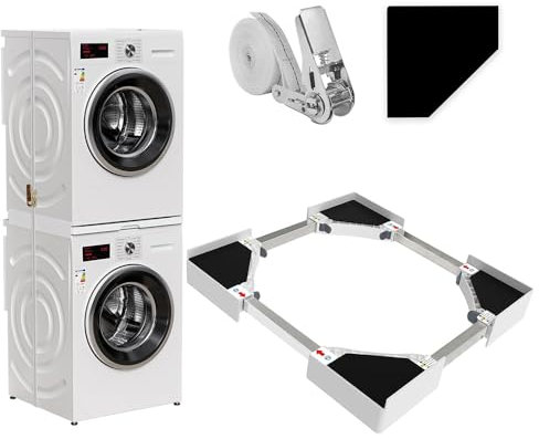 Niciksty Kit de Superposition Lave Linge Seche Linge, Universel Cadre Intermédiaire pour Lave-linge et Sèche-linge avec Corde à Cliquet, Réglable 42-76cm