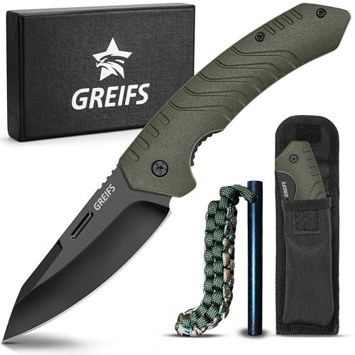 GREIFS® Klappmesser G1 (Zweihandmesser) Messer mit Tasche, Outdoor & Survival Taschenmesser, Überlebensmesser, Jagdmesser (G1+Feuerstahl, OliveBlack)