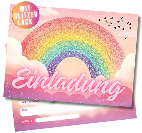 HIDEBLOOM GLITZER Regenbogen Einladungskarten Kindergeburtstag Mädchen I 12 Stück I DIN A6 (10,5 cm x 14,8 cm) I Regenbogen Einladungskarten Kinder I Geburtstag-Einladungen mit Vögeln