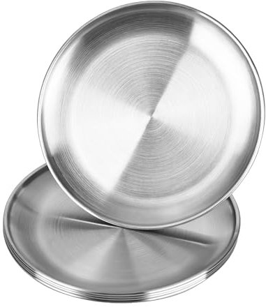 bssmmai 5 Stück Edelstahl Teller, Edelstahl Runden Geschirr Φ 20cm, Barbecue Dish, Kuchenform, Tablett, Oval Platter, Fleisch Dish, Reisplatte für Camping, Picknick, Wandern, Küche, Party