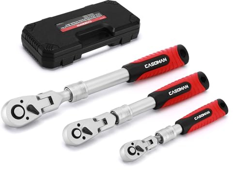 CASOMAN Lot de 3 cliquets extensibles flexibles 1/2, 3/8 et 1/4, clé à cliquet, poignée à cliquet, 72 dents, CR-V