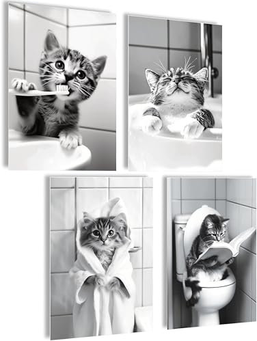 mojoliving Bilder Badezimmer Bilder Gäste WC Schild Badezimmer Poster Toilette WC Deko Bad Poster WC Deko Gästetoilette Bild (Bad Katze, Posterset 4x A4 (21x30cm) | ohne Rahmen)