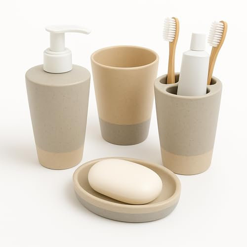 Mypicompany. Juego de Baño 4 Piezas Plástico Irrompible: Dispensador Jabon Baño, Jabonera Baño, Vaso y Portacepillos. Set Baño Infantil y Adulto Gris-Beige. Accesorios baño con Diseño Elegante.