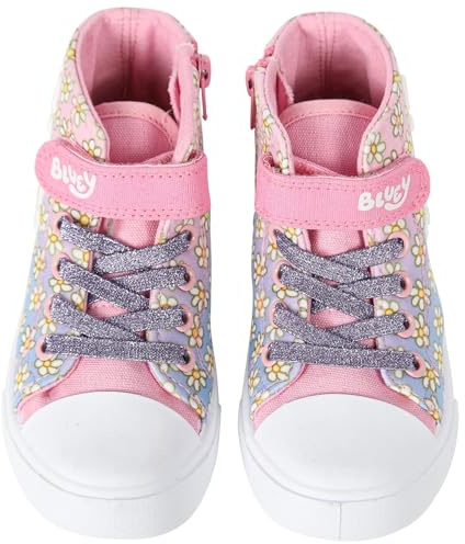 Bluey Baskets montantes en toile avec fermeture tactile, lacets pailletés et fermeture éclair latérale, motif floral sous licence officielle, tailles 39-46