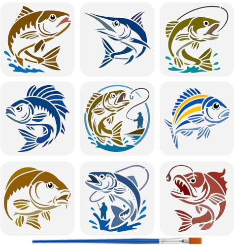 FINGERINSPIRE 9 Fischschablone Mit 1 Kunststoffpinseln 15x15cm Angel Zeichenvorlagen 9 Dekorationsstile Fisch Tierschablonen Zum Malen Auf Holz Segeltuch Stoff Mauer Möbel