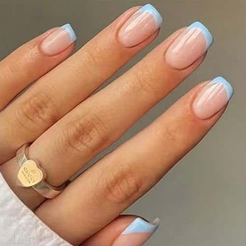 Short Press On Nails, Square French Nail Tips, Soft Blue, 12 Sizes | Full-Cover Design, Natural Nude Gradient Base, Glossy Finish, 1 Set, For At-Home Manicures And Social Occasions