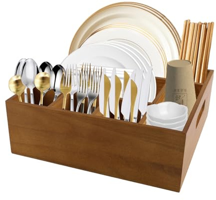 Gzsekken Wooden Utensil Holder, Large Capacity Kitchen Utensils Holder with 6 Compartments, Farmhouse Cutlery Storage for Countertop Decor, Rustic Cutlery Caddy Kitchen Storage & Organisation