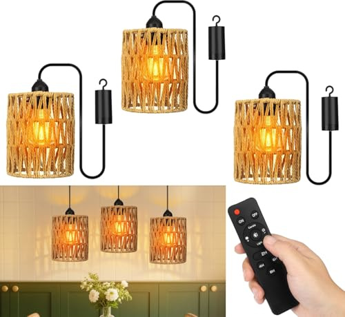Strixorn Rattan Hängelampe mit Batterie 3pcs, E27 Retro Pendelleuchte mit Dimmbar Schalter, Vintage akku Hängelampe, Boho Lampe, Indoor/Outdoor Hängeleuchte für Schlafzimmer Foyer Balkon