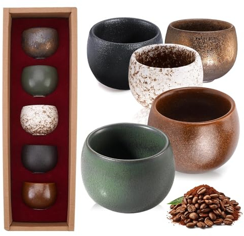 XUXLEKK Lot de 5 Tasses à Expresso à Paroi Épaisse en Faïence, 50ml Petites Tassess à Expresso, Tasses à Expressoe en Grès, Sans Anse, en Céramique, Cadeaux de Noël pour Femmes, Hommes, Meilleure Amie