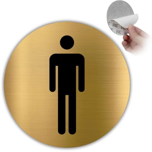 LEIASA | Señal Baño Hombre - Ø 10 cm - Aluminio - Dorado Aseo Masculino | Cartel WC Caballeros, Placa Servicios Varones, Rótulo Lavabo, Pegatina Redonda Adhesiva