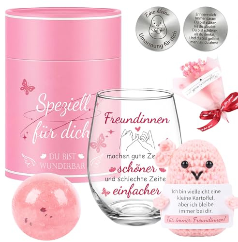 Geschenke für Frauen – Personalisierte Geschenkbox mit Weinglas mit Gravur, Duftkerze, Blumen & Glücksfigur | Geschenk für Freundin & Beste Freundin | Freundschaftsgeschenk, Dankeschön & Geburtstagsge