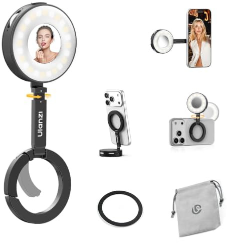 ULANZI ML05 Magnetiskt selfieljus för iPhone, dubbel magnet LED-ringljus med spegel, 9 000 K CRI≥97, vidvinkelbelysning, mobiltelefonljus perfekt för resevlogar, foto- och videoinspelningar (Svart) | 9000K CRI≥97 full vinkel bärbar LED smartphone fyllningsbelysning för resor vlog foto videoinspelning