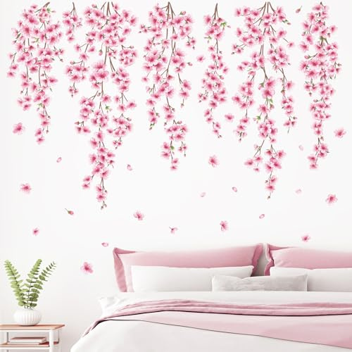 SHUCHING Wandtattoo Blumen Rosa für Wohnzimmer | Wandsticker Kirschblüten für Jugendzimmer Mädchen, Selbstklebende Wandaufkleber Cherry Blossom