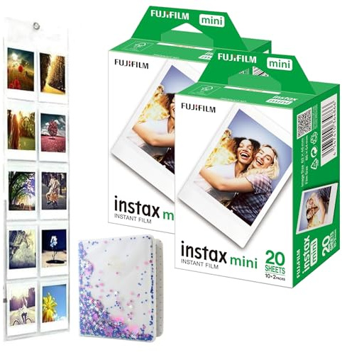 Mini Film Bundle Pack 40 Shots Instax Mini Film + Photo Album 64 Pocket + Hanging Wall Display Compatible with Instax Mini 13, Mini 12, Evo All Mini Cameras & Instax Link Printers